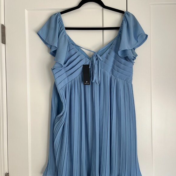 Amalfi Coast Light Blue Pleated Flutter Sleeve Mini Dress - Picture 3 of 5